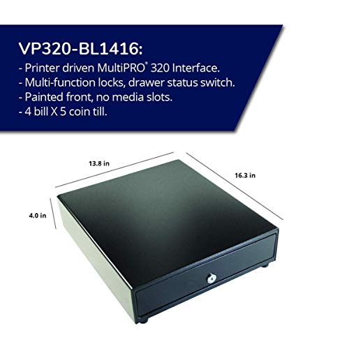 APG VP320-BL1416 Vasario Series Standard-Duty Painted-Front Cash Drawer with MultiPRO 320 Interface, 24V, 13.8" x 4" x 16.3", Black