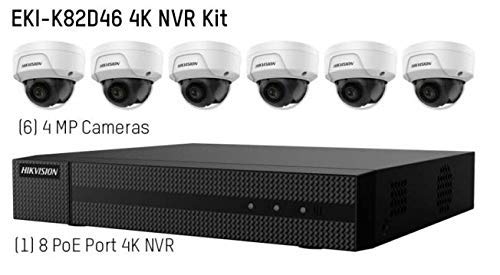 HIKVISION EKI-K82D46 8-Channel 4K POE NVR Value Express Kit with (6) 4MP Outdoor Network Dome Camera, (2.8 mm Fixed Lens), RJ45 Connections